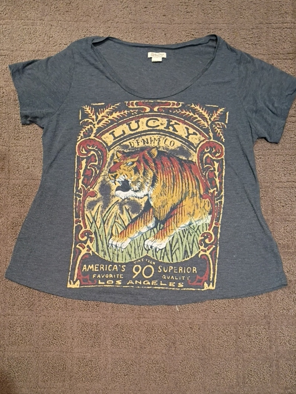 Lucky Brand Blue Graphic Tiger Tee with Yellow & Red Accents